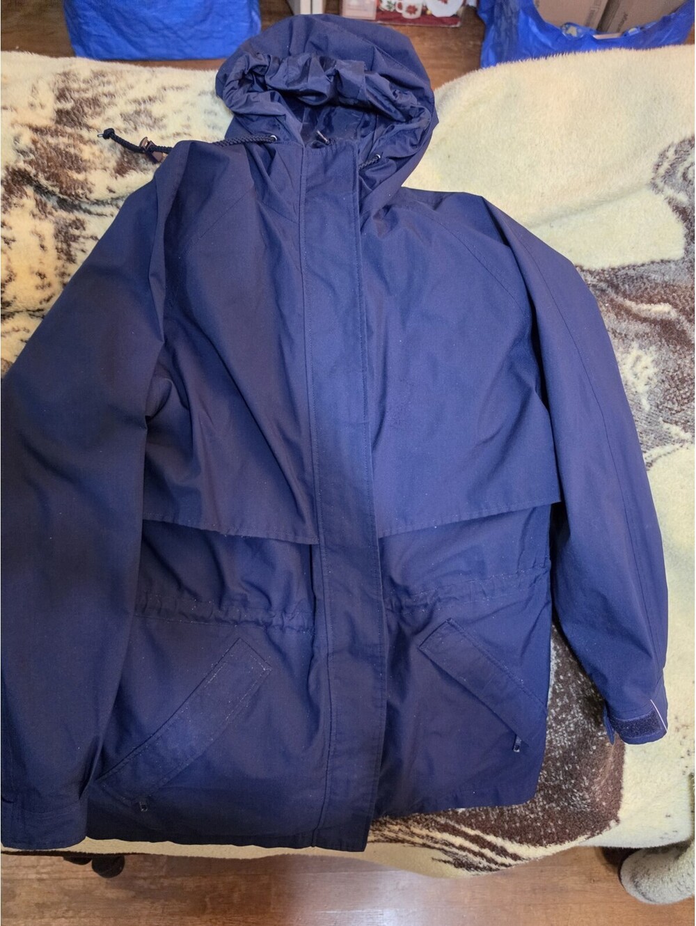 Eddie Bauer Women's Blue Gray Hooded Windbreaker Gor Tex Mid-Length Size M